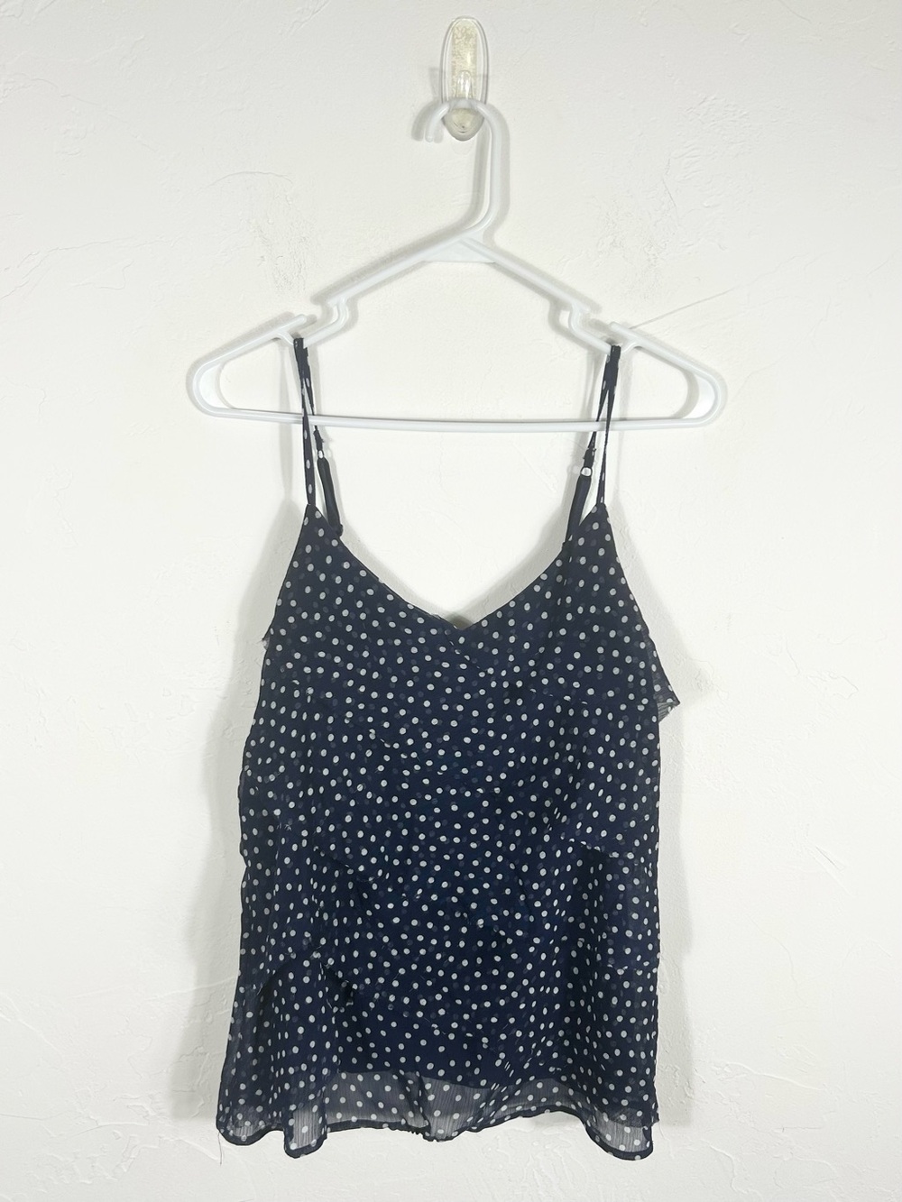 New York & Company Polka Dot Ruffle Cami Tank Top Chiffon Layered Size M